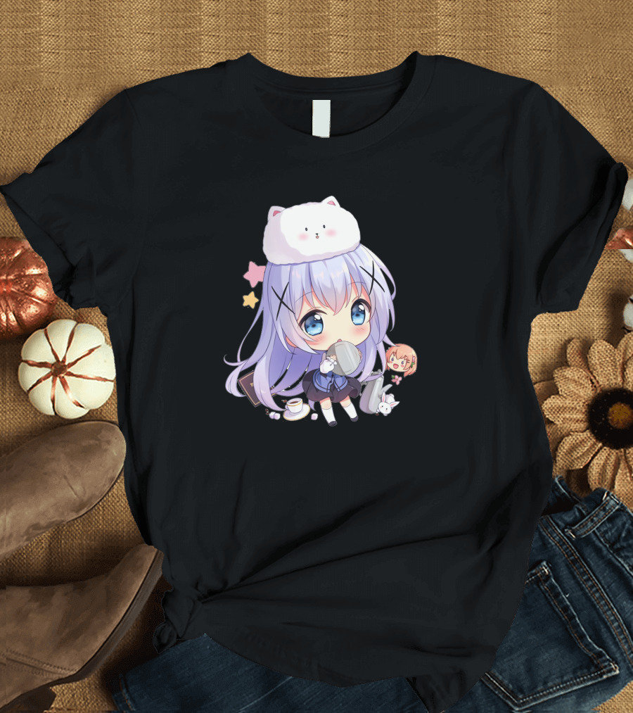Hitsu Chibi Style Japanese Anime Character with Cat Hat and Stars T-Shirt
