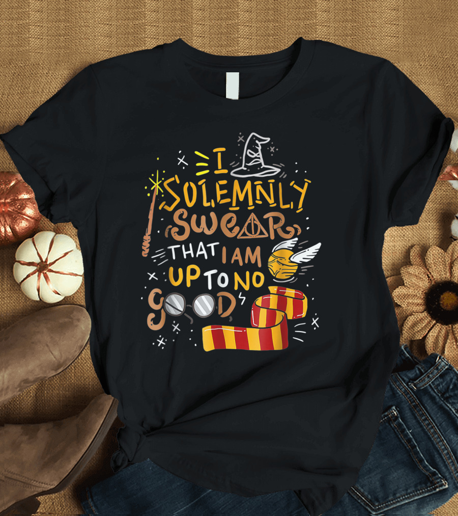 I Solemnly Swear That I Am Up To No Good Wizard Hat Wand Golden Snitch Scarf Glasses T-Shirt