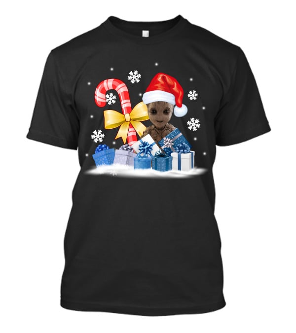 Baby Groot Christmas Santa Hat Candy Cane Snowflakes T-Shirt