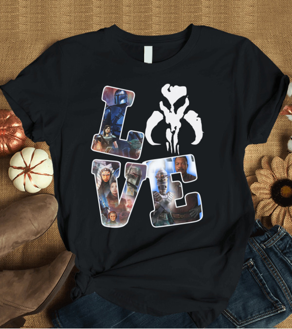 T-Shirt: Manda Star Love with Mandalorian and Mythosaur Icons T-Shirt Manda Star Love with Mandalorian and Mythosaur Icons T-Shirt