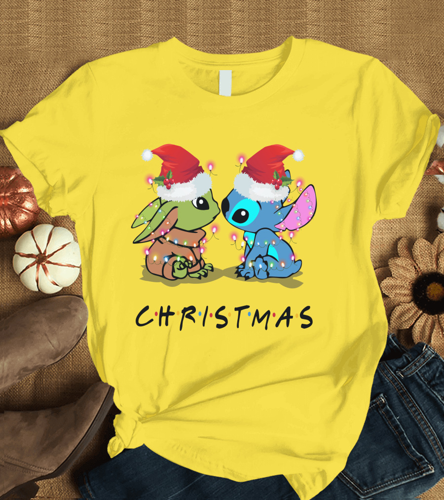 Christmas Yoda and Stitch Santa Hats T-Shirt