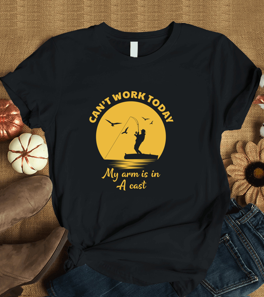 Can't Work Today My Arm is in a Cast Fishing Silhouette with Birds and Sun T-Shirt