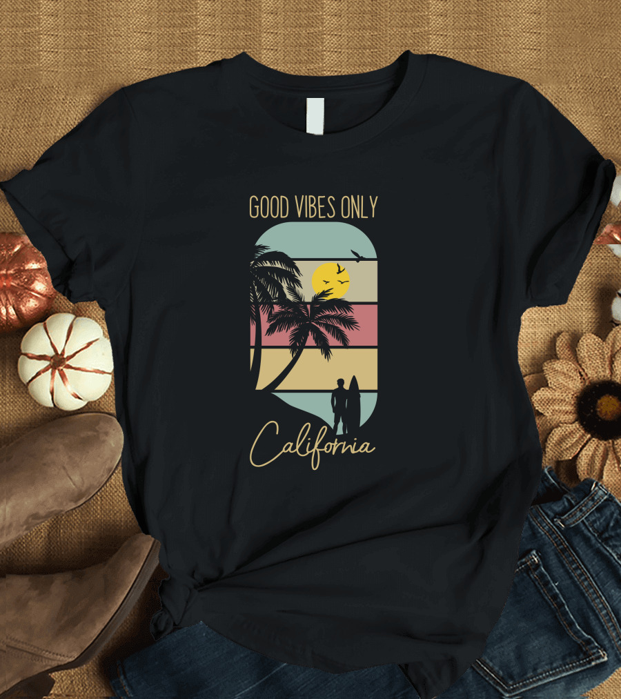 Good Vibes Only California Palm Trees Sunset Surfer T-Shirt
