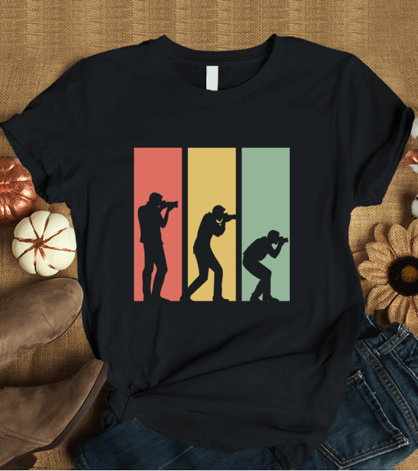 T-Shirt: Photographer Silhouettes in Colorful Stripes T-Shirt Photographer Silhouettes in Colorful Stripes T-Shirt