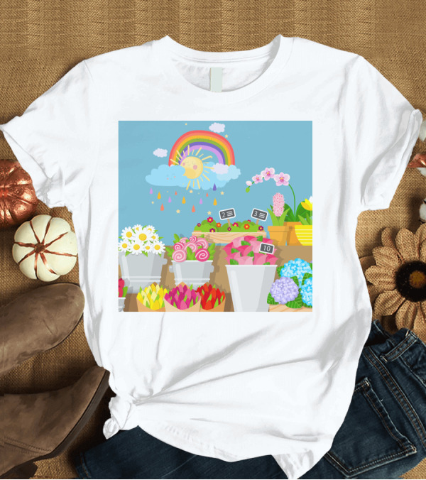T-Shirt: April Showers Brings May Flowers Rainbow and Colorful Blooms Scene T-Shirt April Showers Brings May Flowers Rainbow and Colorful Blooms Scene T-Shirt