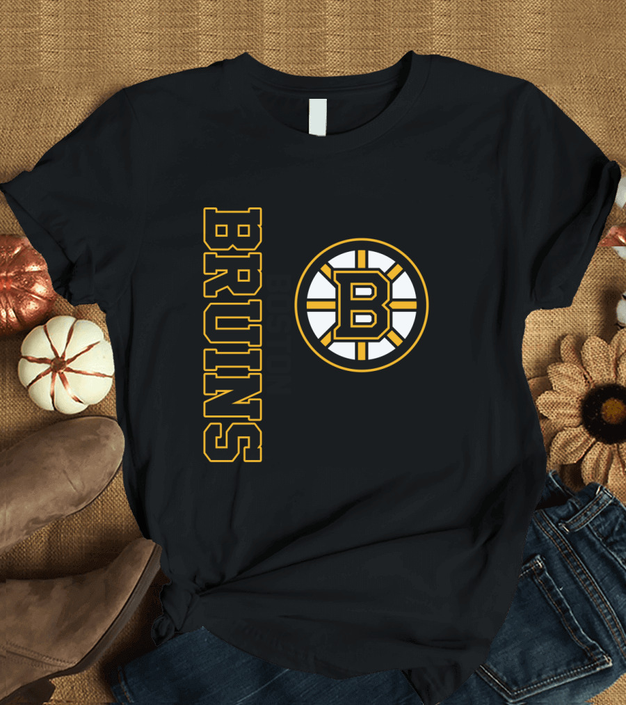 Boston Bruins Hockey Vertical Text with Iconic Circle Emblem T-Shirt