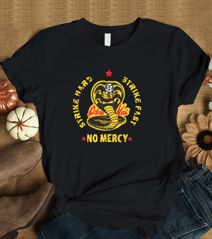 Cobra Kai Strike Hard Strike Fast No Mercy Logo with Red Star and Coiled Cobra T-Shirt