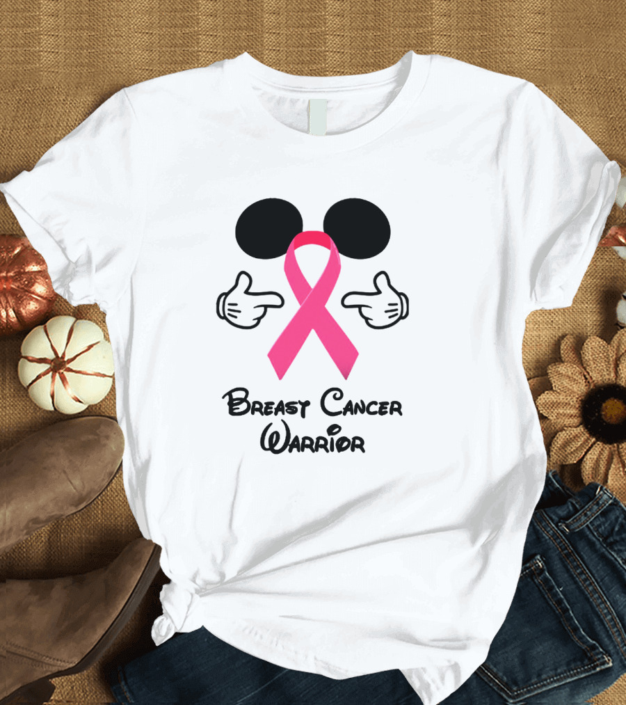 Breast Cancer Warrior with Mickey Ears and Pink Ribbon Illustrative T-Shirt
