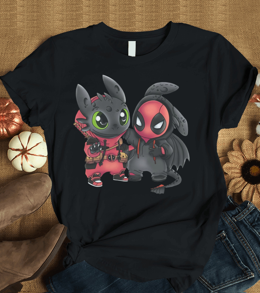 Baby Toothless and Deadpool Mashup Crossover Featuring Cute Duo with Iconic Red and Black Costume Elements T-Shirt