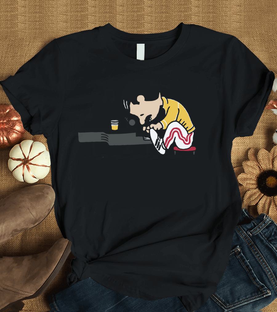 Freddie Mercury Peanuts Piano with Yellow Jacket and Red Stripe Pants T-Shirt