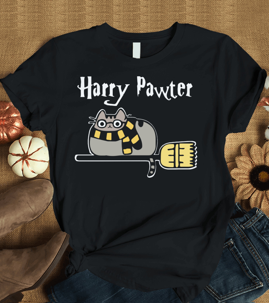Harry Pawter Pusheen Cat on Broom with Scarf T-Shirt