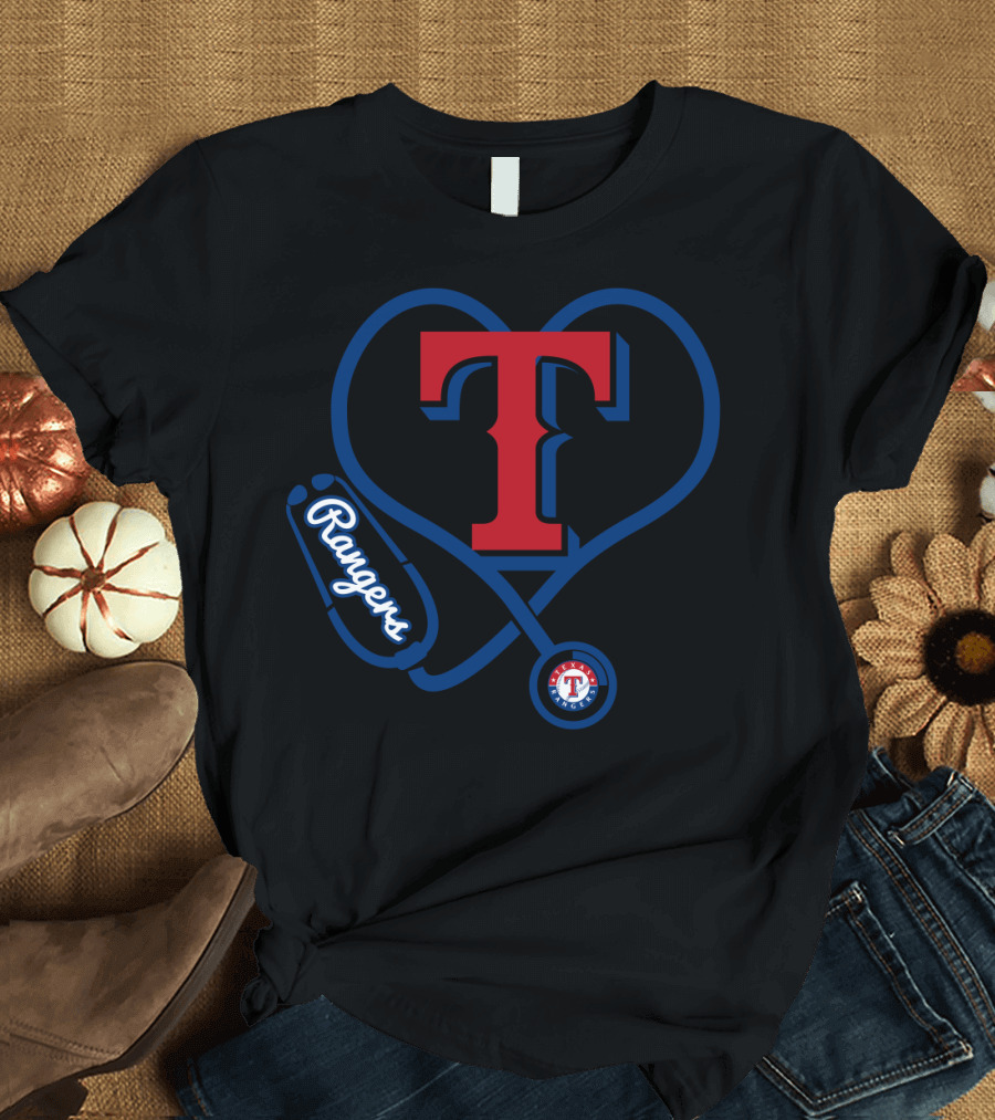 Nurse Heartbeat Texas Rangers Fans T Logo Stethoscope T-Shirt