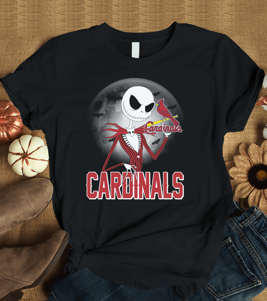 Cardinals Jack Skeleton Halloween St. Louis Cardinals Logo Moon Background T-Shirt