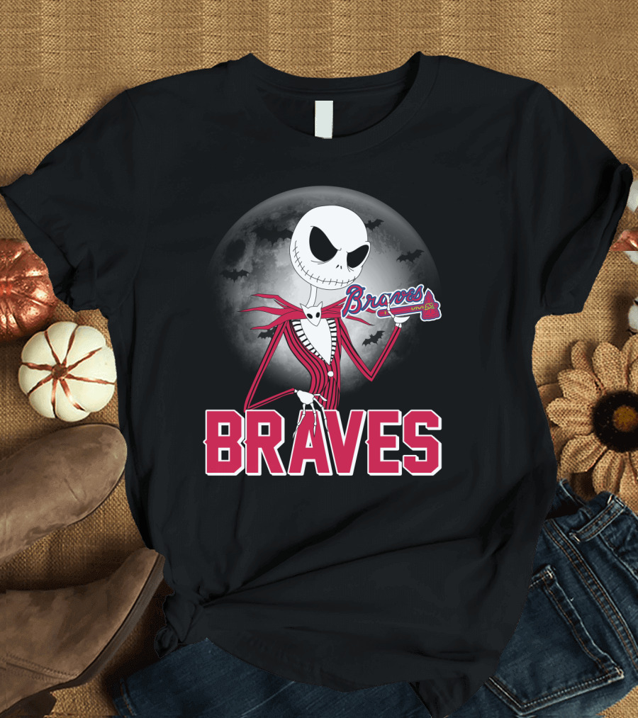 Jack Skellington Braves Halloween with Atlanta Baseball Moon and Bats T-Shirt