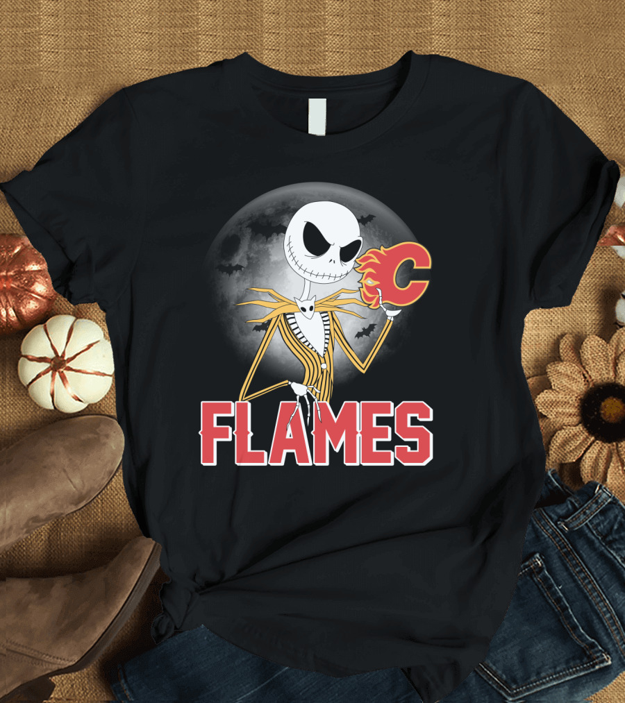 Jack Skellington Flames Halloween Calgary Hockey Crossover T-Shirt