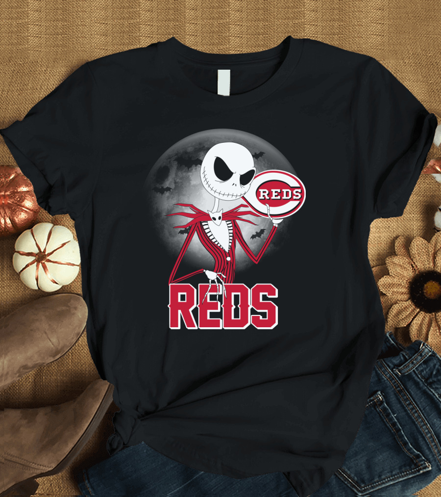 Jack Skellington with Cincinnati Reds Logo Halloween T-Shirt