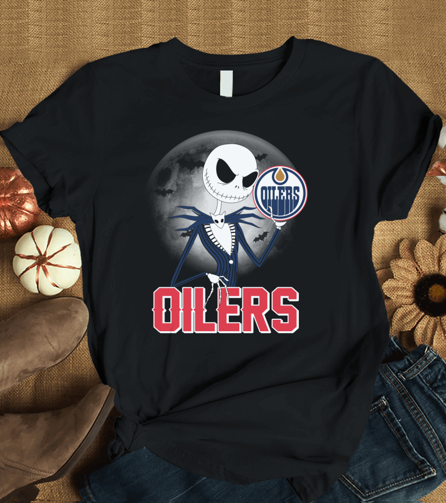 Jack Skellington Edmonton Oilers Halloween Moon Background T-Shirt