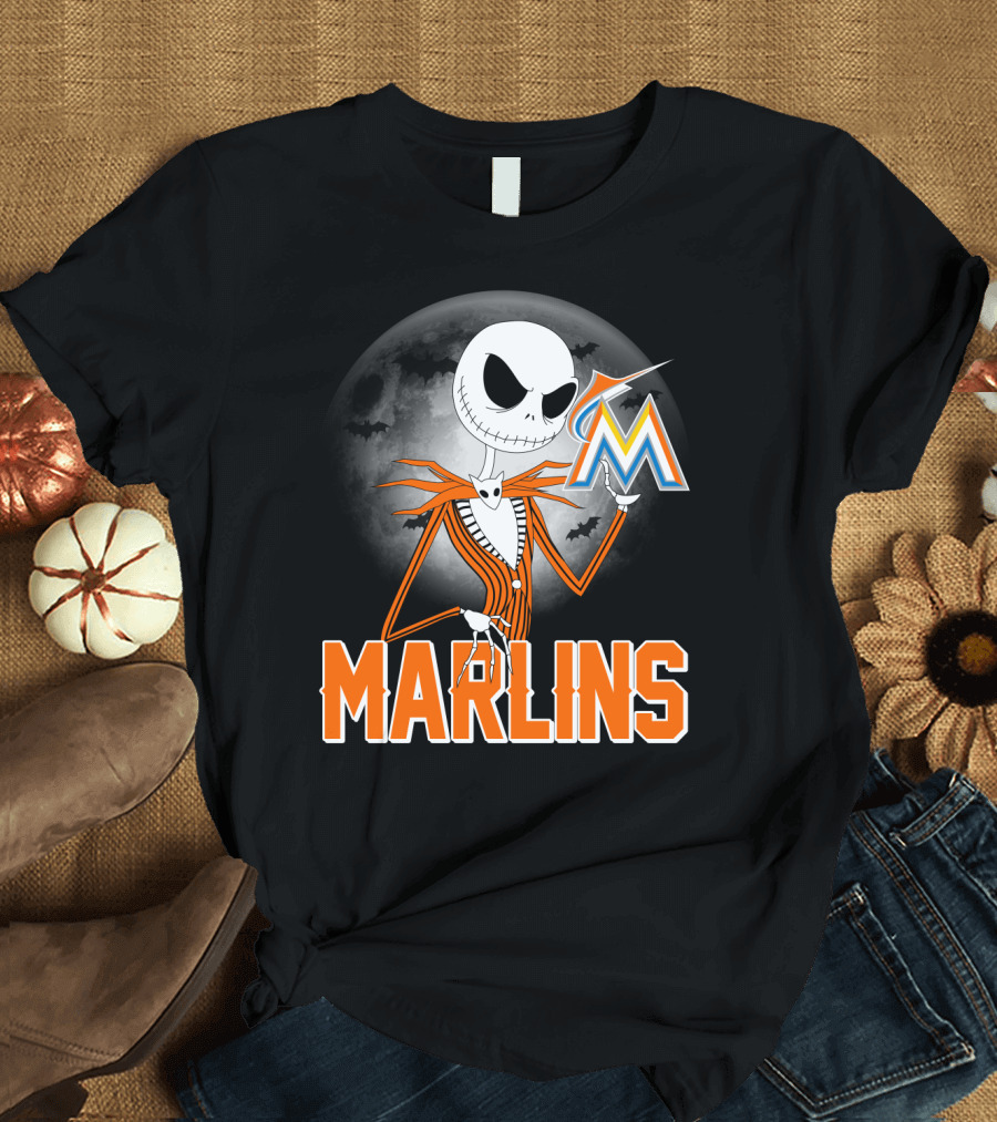 Jack Skellington Miami Marlins Halloween Moon Bat T-Shirt