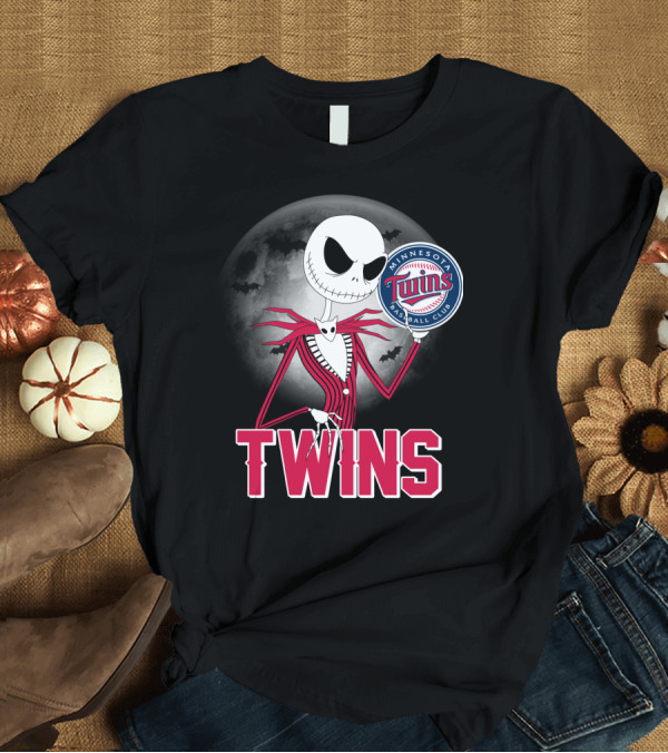 T-Shirt: Jack Skellington Halloween Holding Minnesota Twins Baseball Club Logo with Full Moon and Bats in Background T-Shirt Jack Skellington Halloween Holding Minnesota Twins Baseball Club Logo with Full Moon and Bats in Background T-Shirt