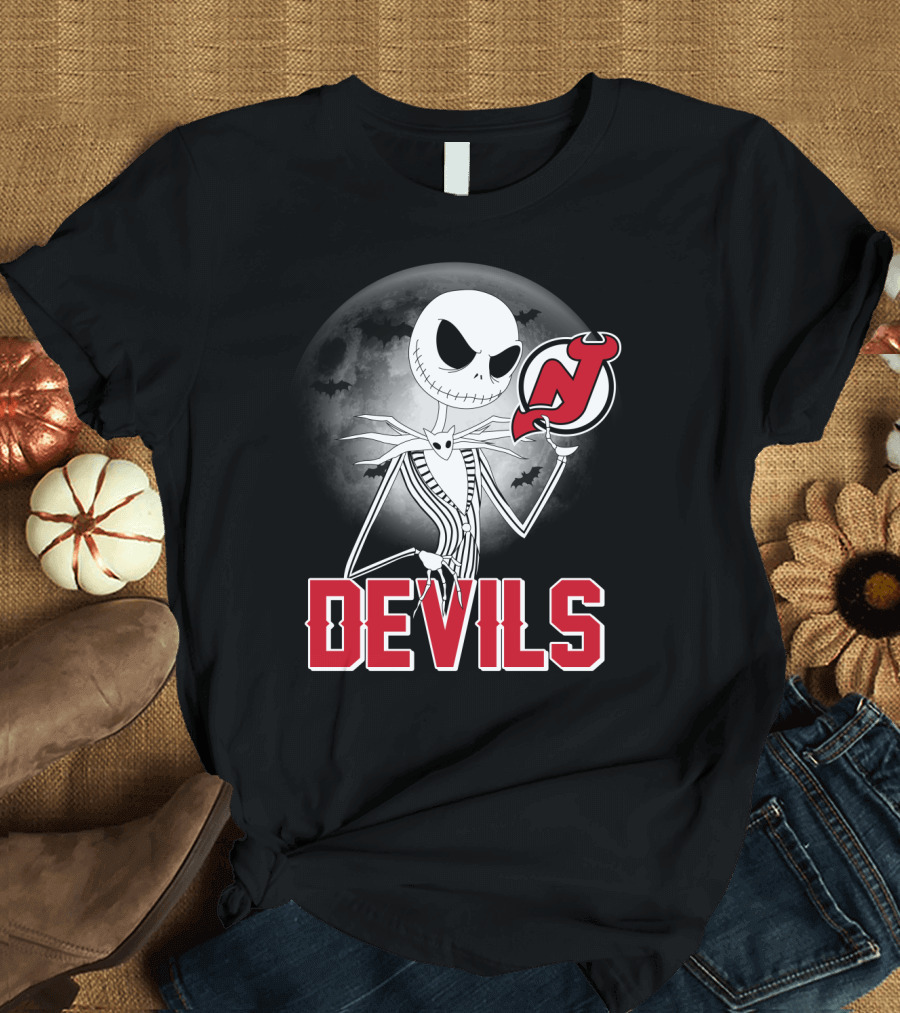 Jack Skellington Halloween Meets New Jersey Devils Moonlit Night T-Shirt