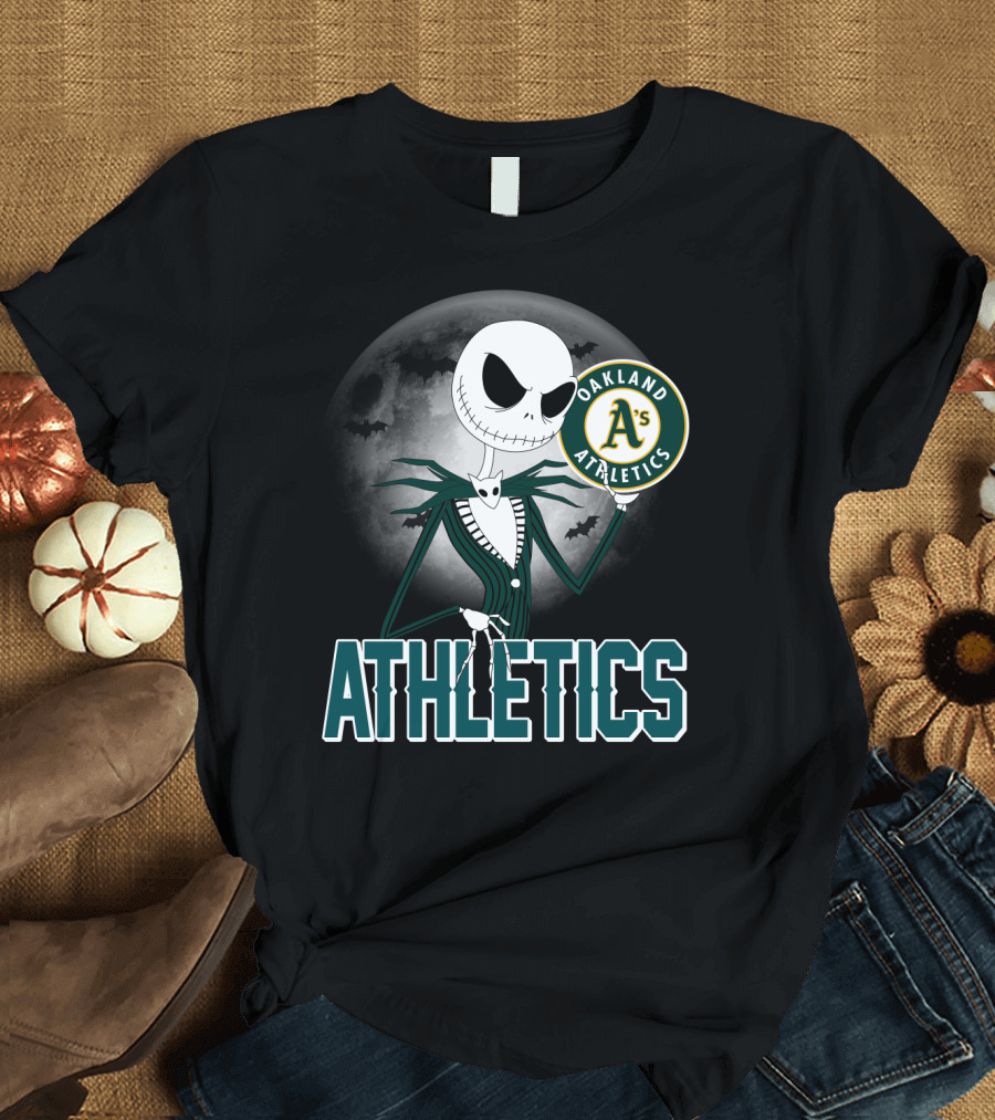 Jack Skellington Holding Oakland Athletics Logo with Halloween Moon and Bats T-Shirt