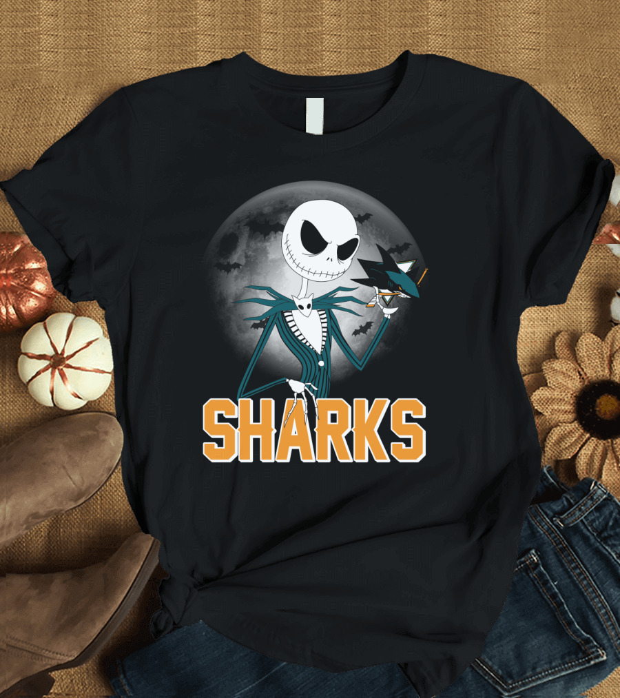 Jack Skellington San Jose Sharks Halloween Moon Background T-Shirt