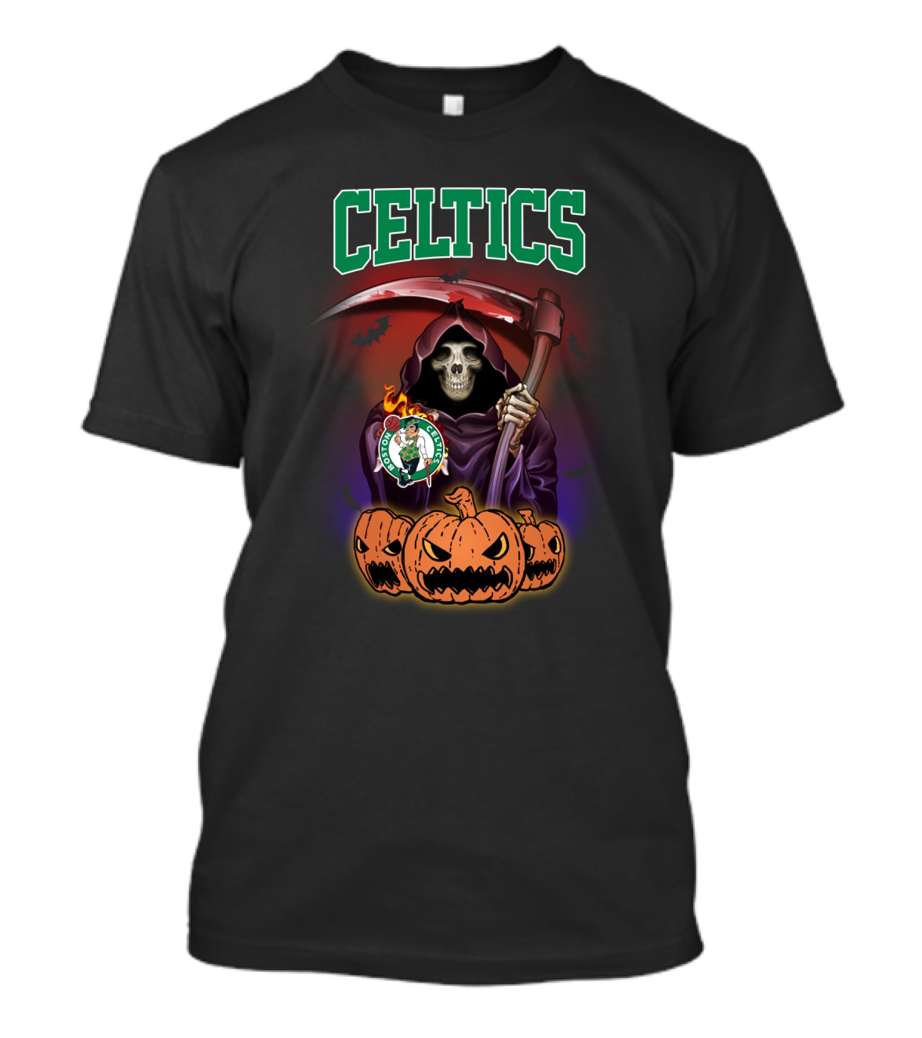 Celtics Grim Reaper With Boston Logo Pumpkins Halloween T-Shirt