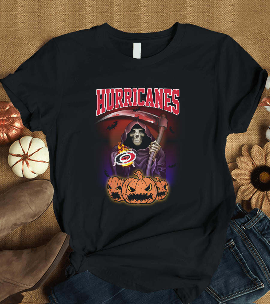 Hurricanes Reaper Holding Hockey Logo Surrounded by Pumpkins and Bats T-Shirt