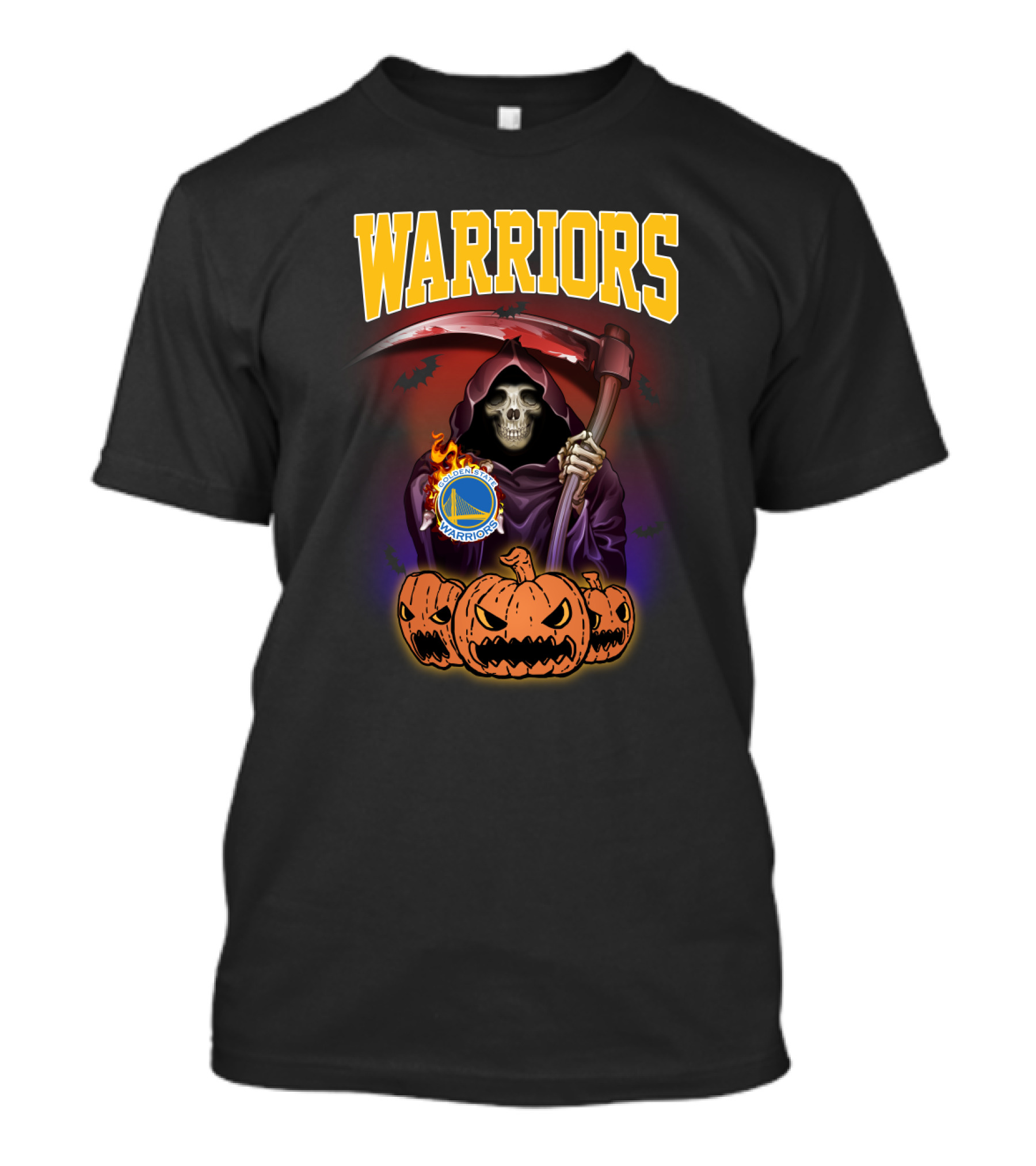 Warriors Grim Reaper Halloween With Golden State Warriors Logo And Pumpkins T-Shirt