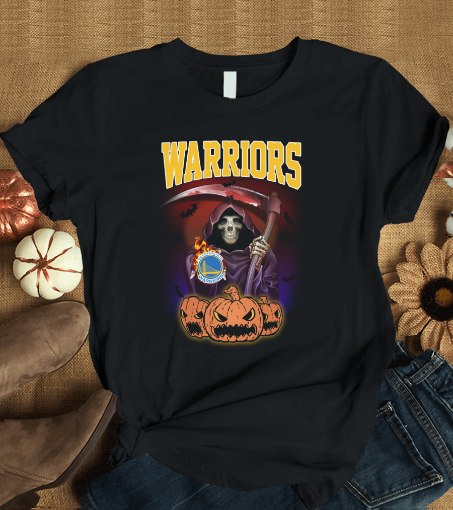Warriors Grim Reaper Halloween With Golden State Warriors Logo And Pumpkins T-Shirt