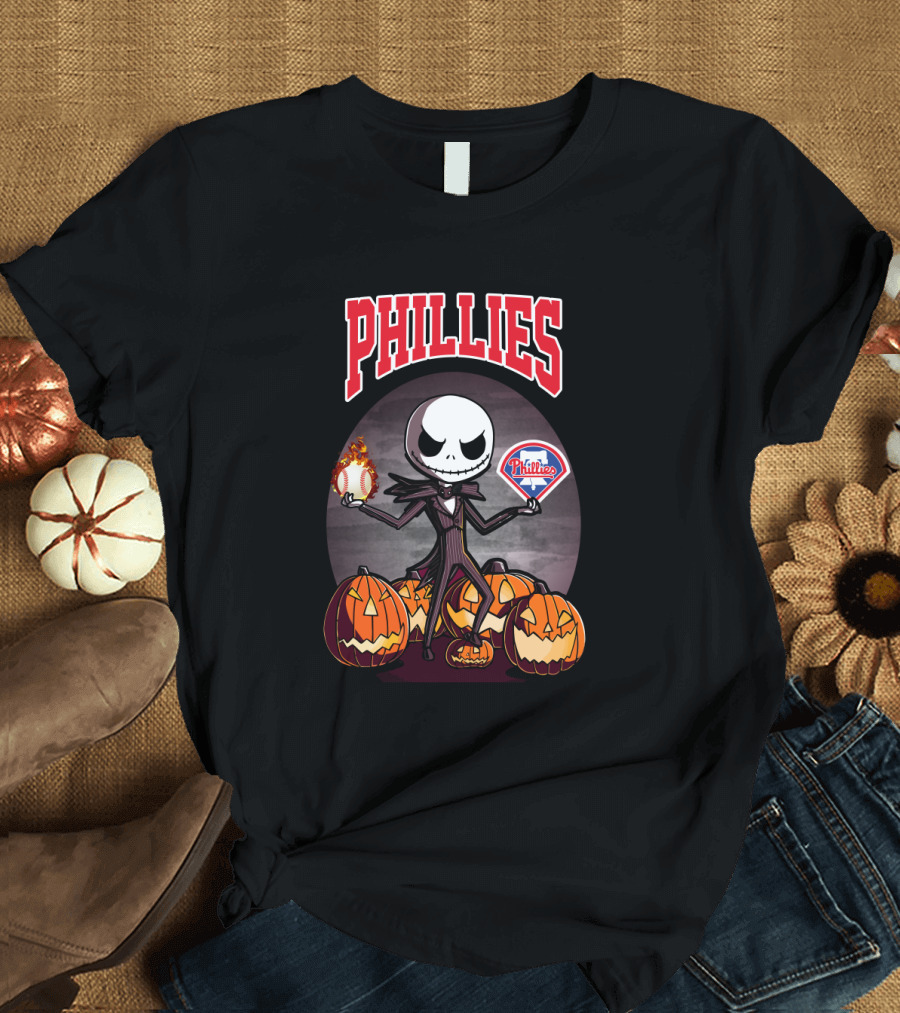 Phillies Jack Skellington Halloween with Pumpkins and Baseball T-Shirt