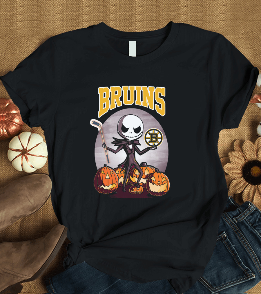 Bruins Jack Skellington Halloween with Boston Hockey Pumpkins T-Shirt