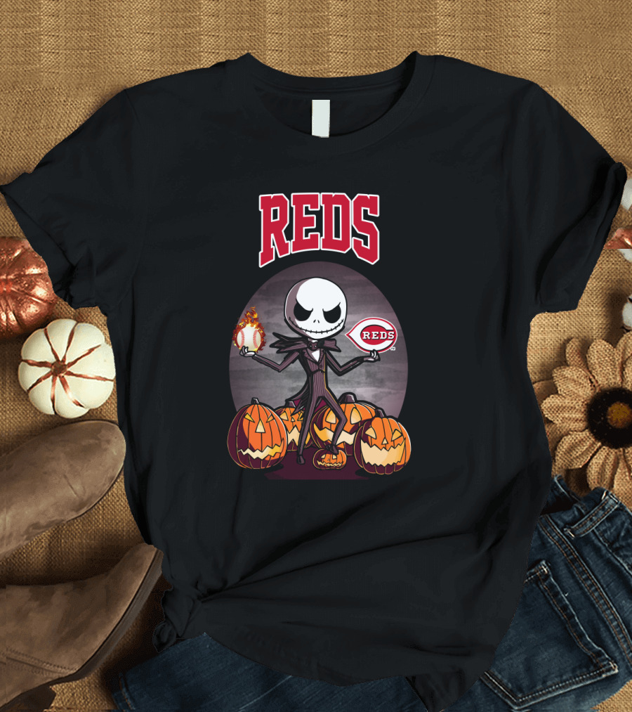 Reds Jack Skellington with Pumpkins and Baseball Cincinnati Halloween T-Shirt