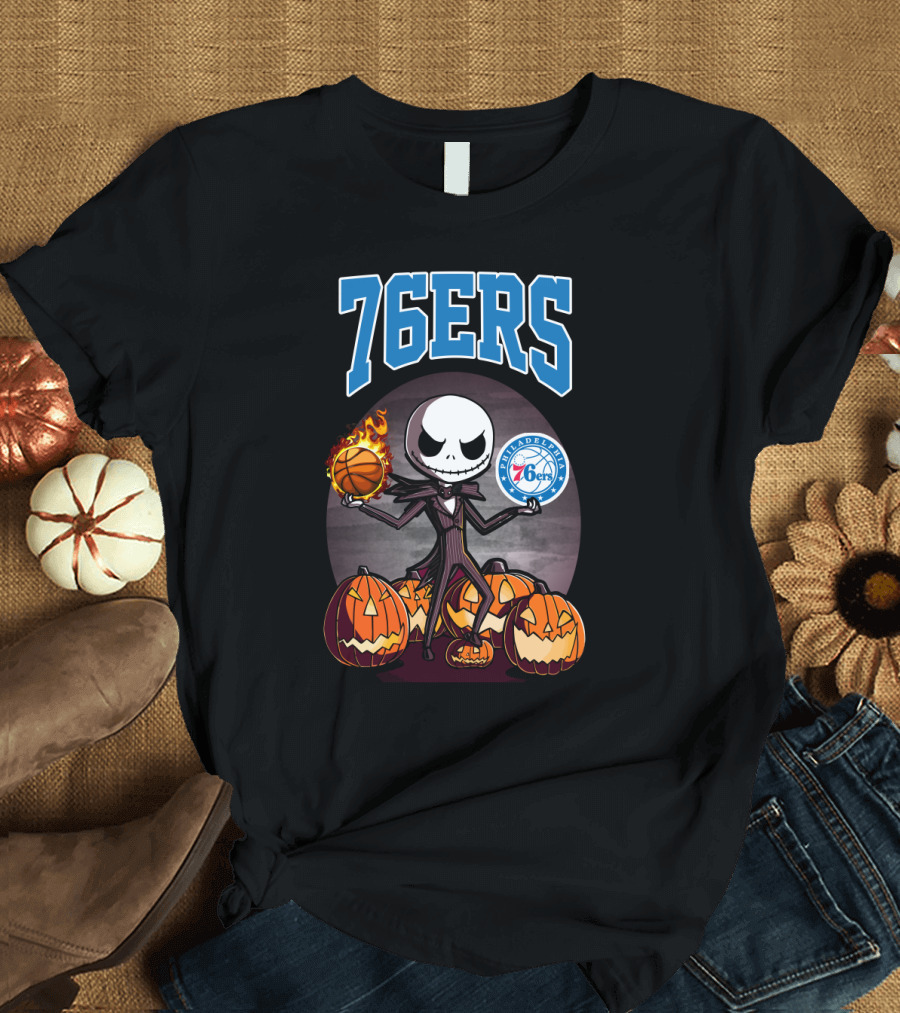 Philadelphia 76ers Jack Skellington Halloween Basketball Pumpkins T-Shirt
