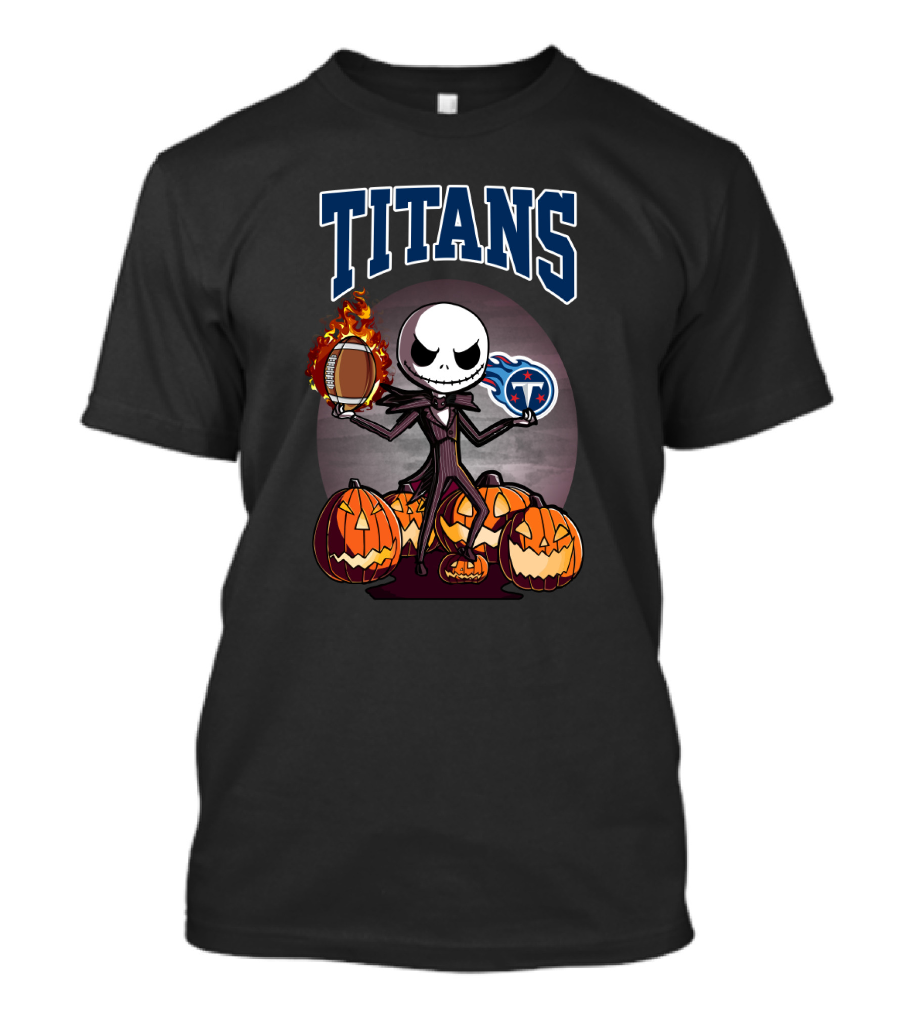 Halloween Jack Skellington With Pumpkins And Tennessee Titans Football T-Shirt