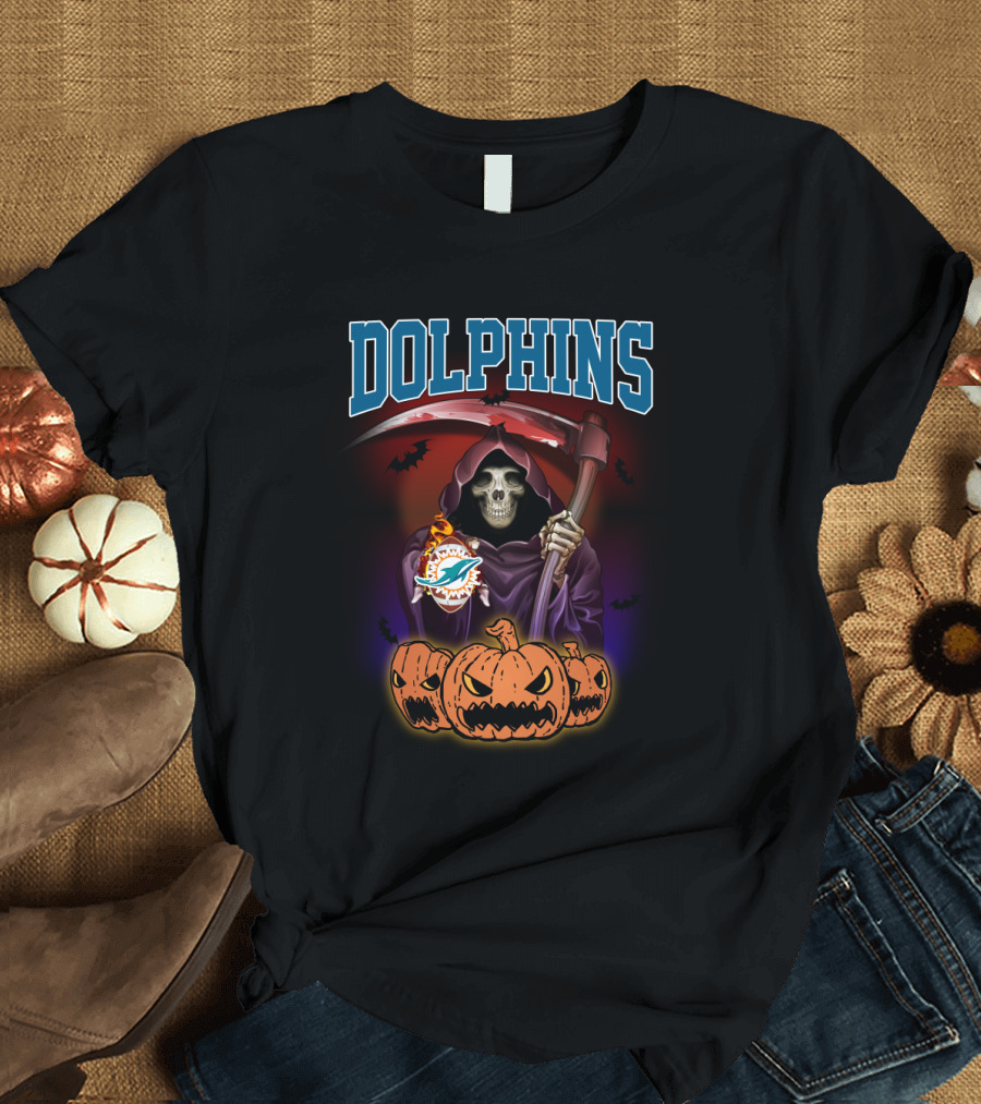 Miami Dolphins Grim Reaper with Scythe and Jack-o'-Lanterns T-Shirt
