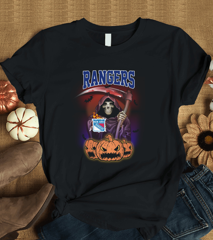 Rangers Grim Reaper Holding Scythe With New York Rangers Logo And Halloween Pumpkins T-Shirt