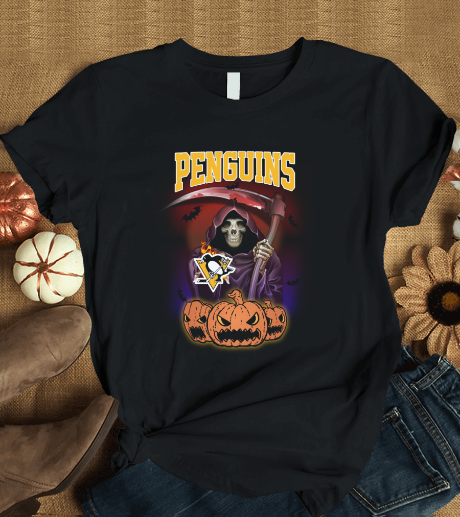 Penguins Grim Reaper with Scythe and Pumpkins Halloween T-Shirt