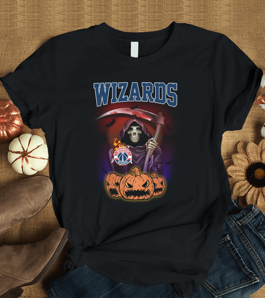 Wizards Skeleton with Scythe and Washington Wizards Logo Surrounded by Pumpkins T-Shirt