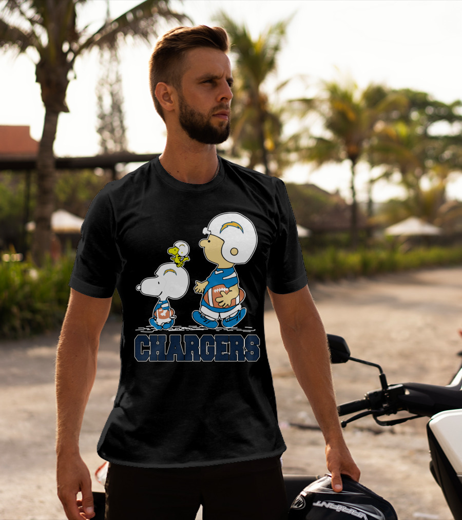 Snoopy And Woodstock With Los Angeles Chargers Football Helmets And Jersey T-Shirt