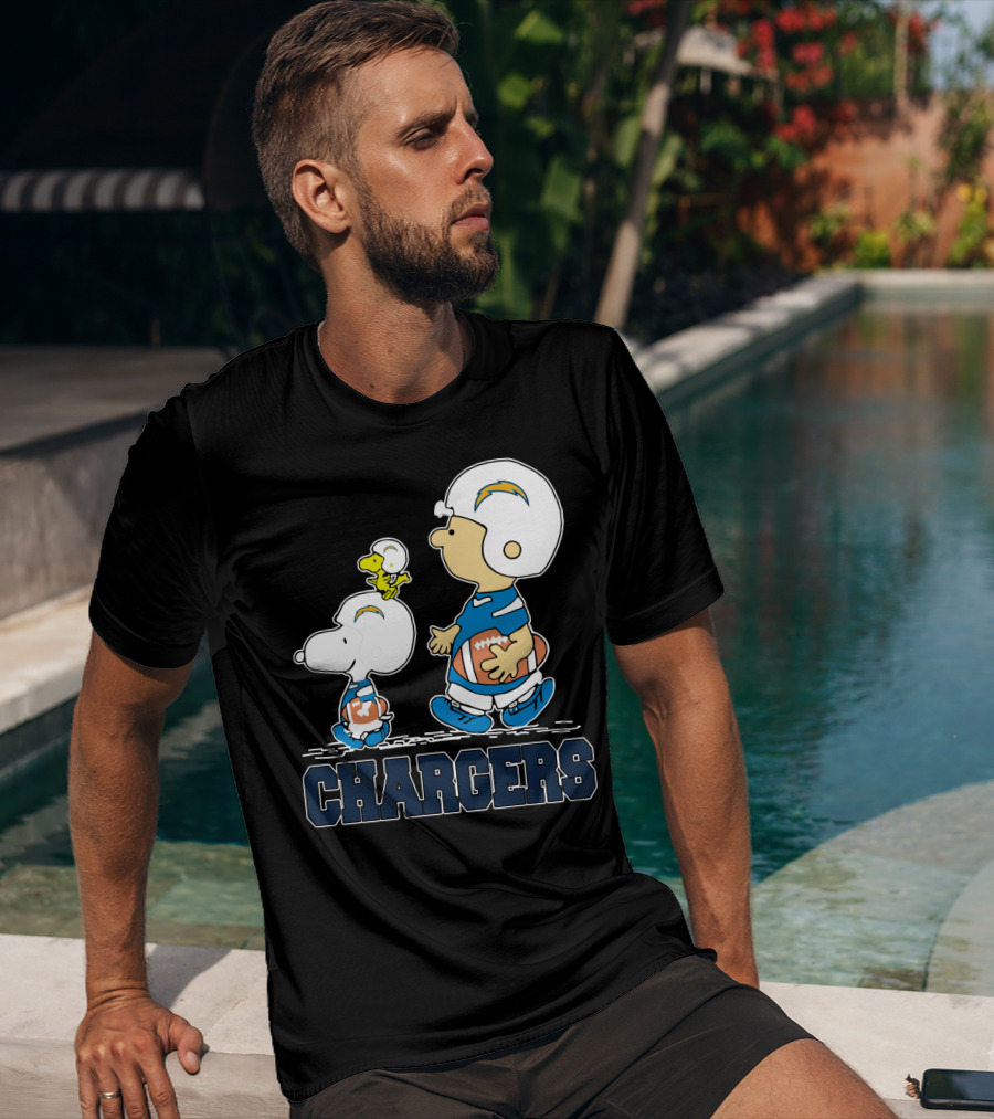 Snoopy And Woodstock With Los Angeles Chargers Football Helmets And Jersey T-Shirt