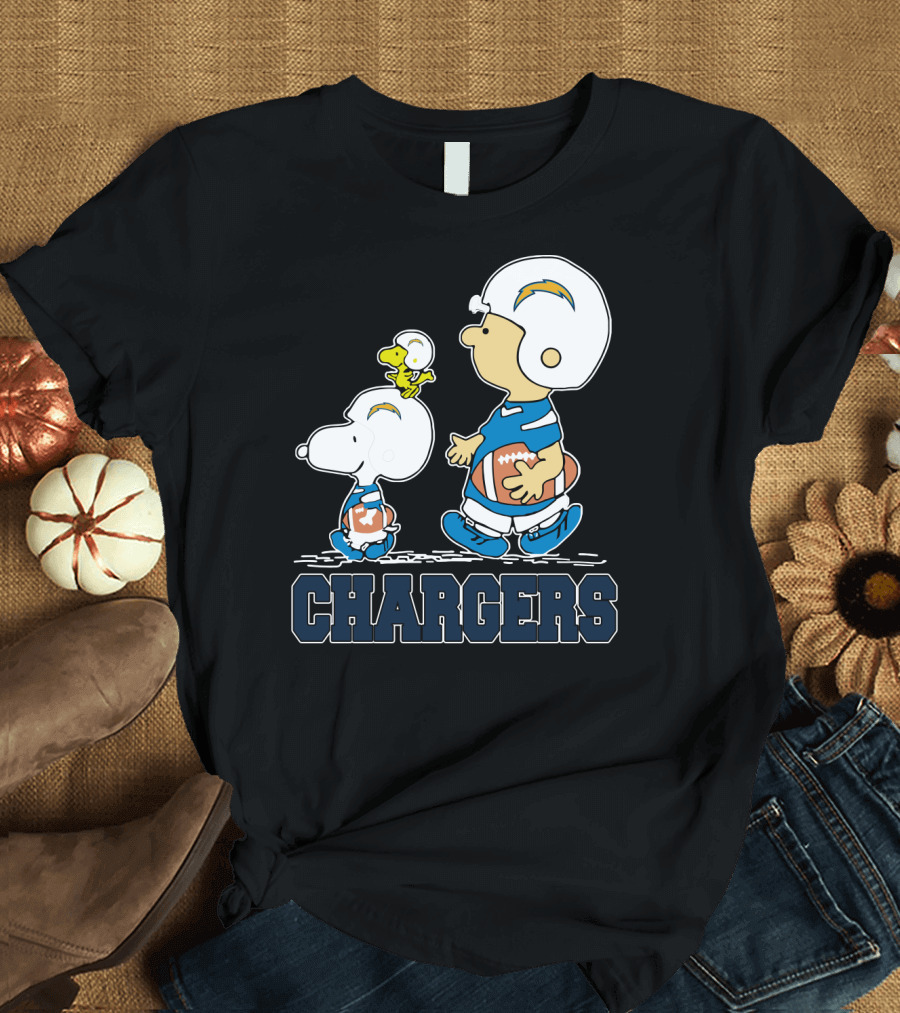 Snoopy And Woodstock With Los Angeles Chargers Football Helmets And Jersey T-Shirt