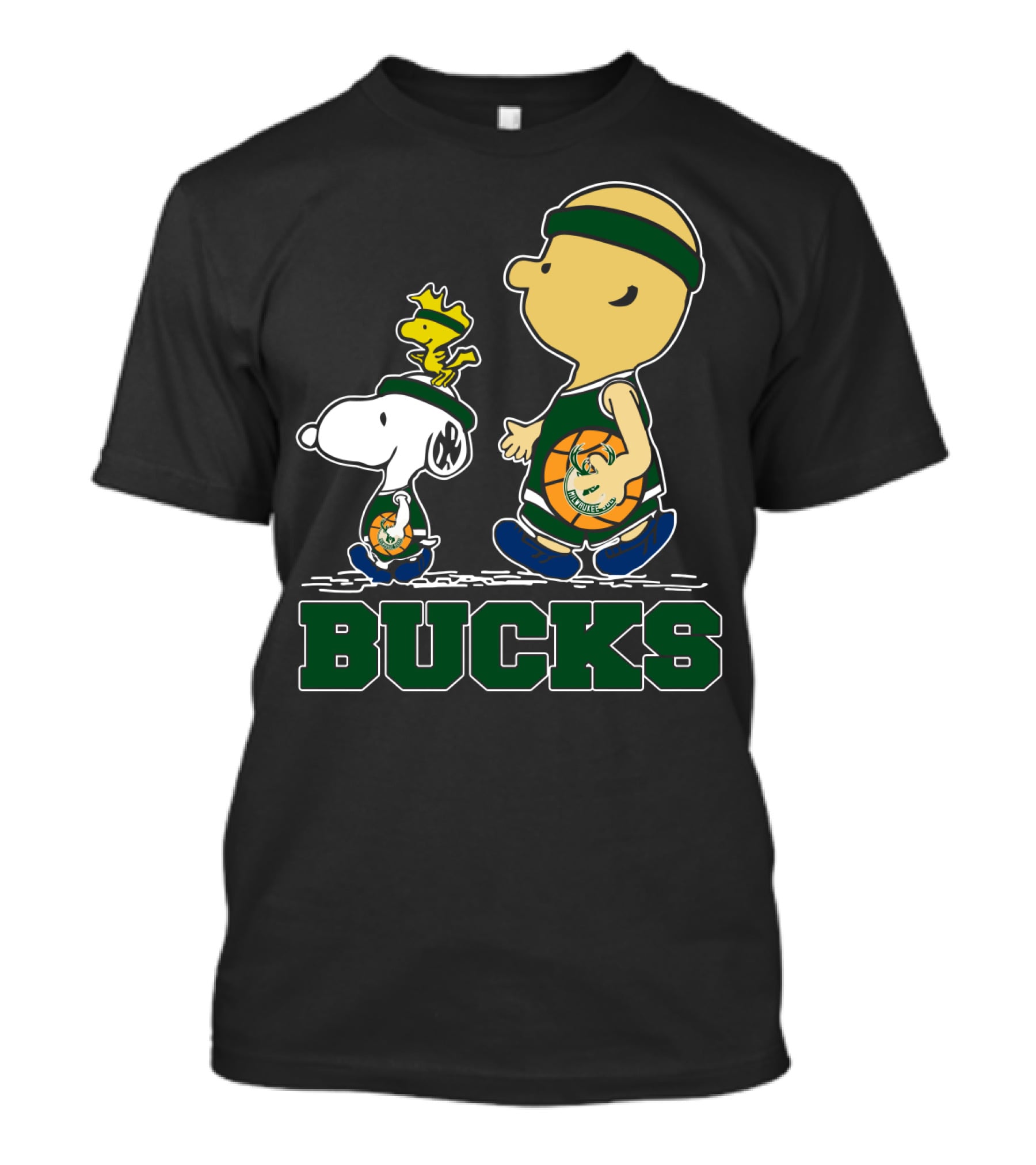Snoopy Woodstock And Basketball Walking With Milwaukee Bucks Fans T-Shirt