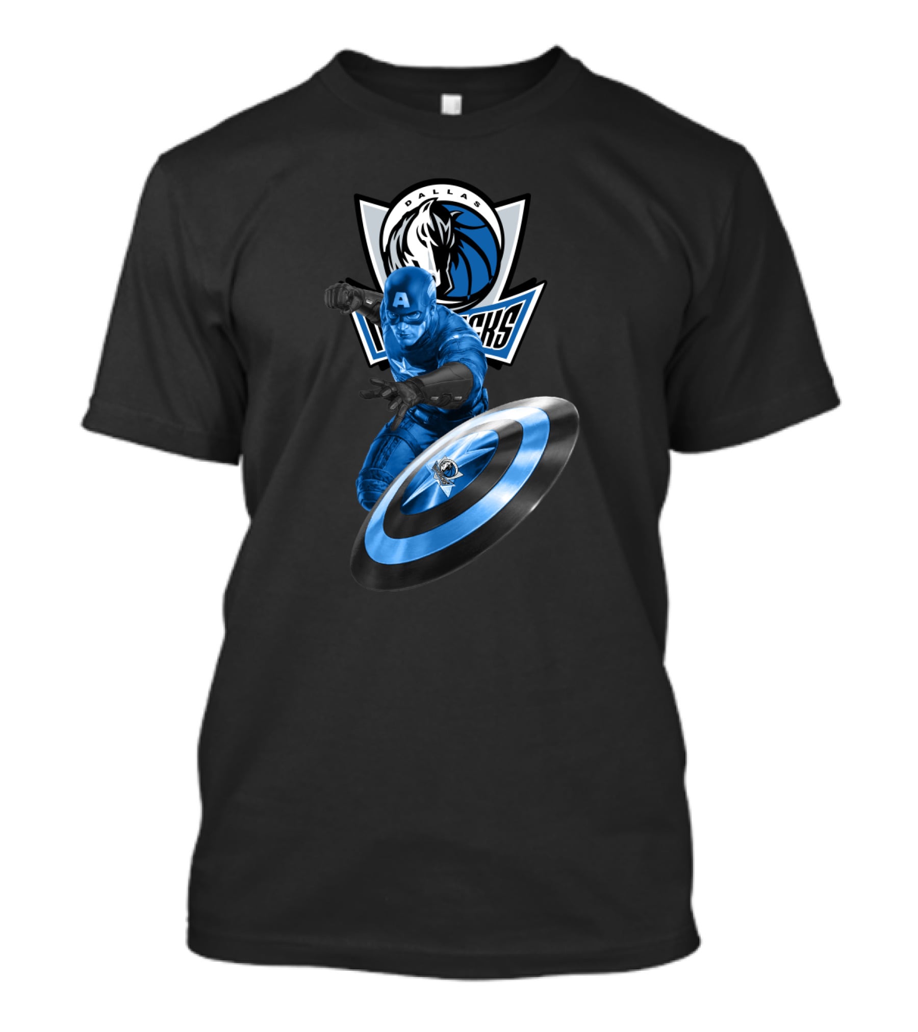 Dallas Mavericks Captain America Crossover Collaboration Featuring Iconic Shield T-Shirt