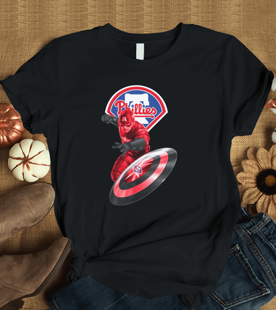 Philadelphia Phillies Marvel Collaboration Featuring Captain America Icon and Shield T-Shirt
