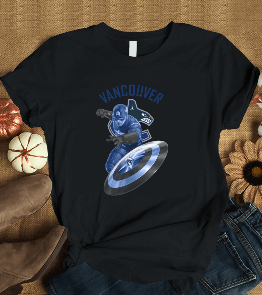 Vancouver Canucks Captain America Logo Crossover with Hockey Orca and Shield T-Shirt