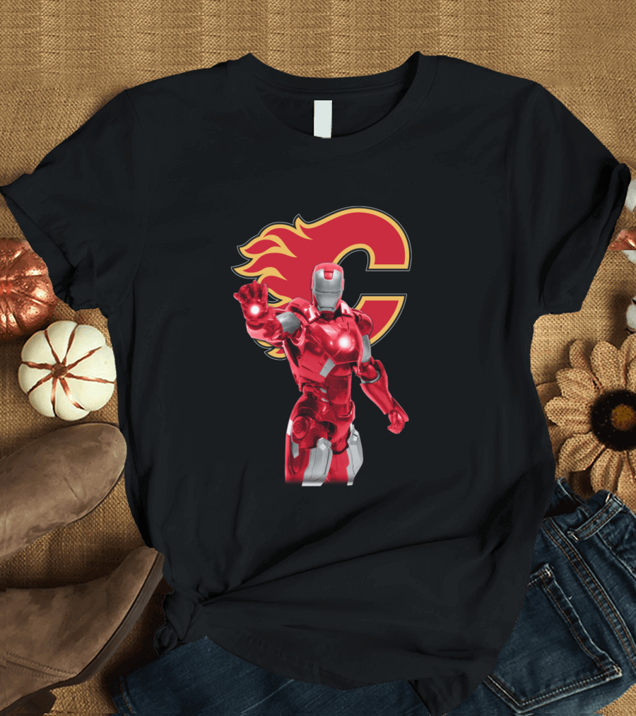 Iron Man Marvel Calgary Flames Nhl Crossover T-Shirt