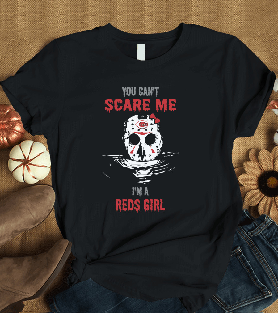 You Can't Scare Me I'm A Reds Girl Jason Voorhees Mask with Cincinnati Reds T-Shirt