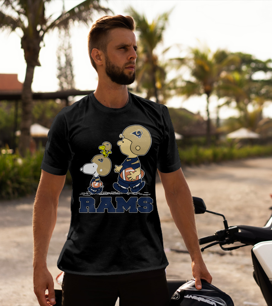 Snoopy And Woodstock With Los Angeles Rams Helmets And Football T-Shirt