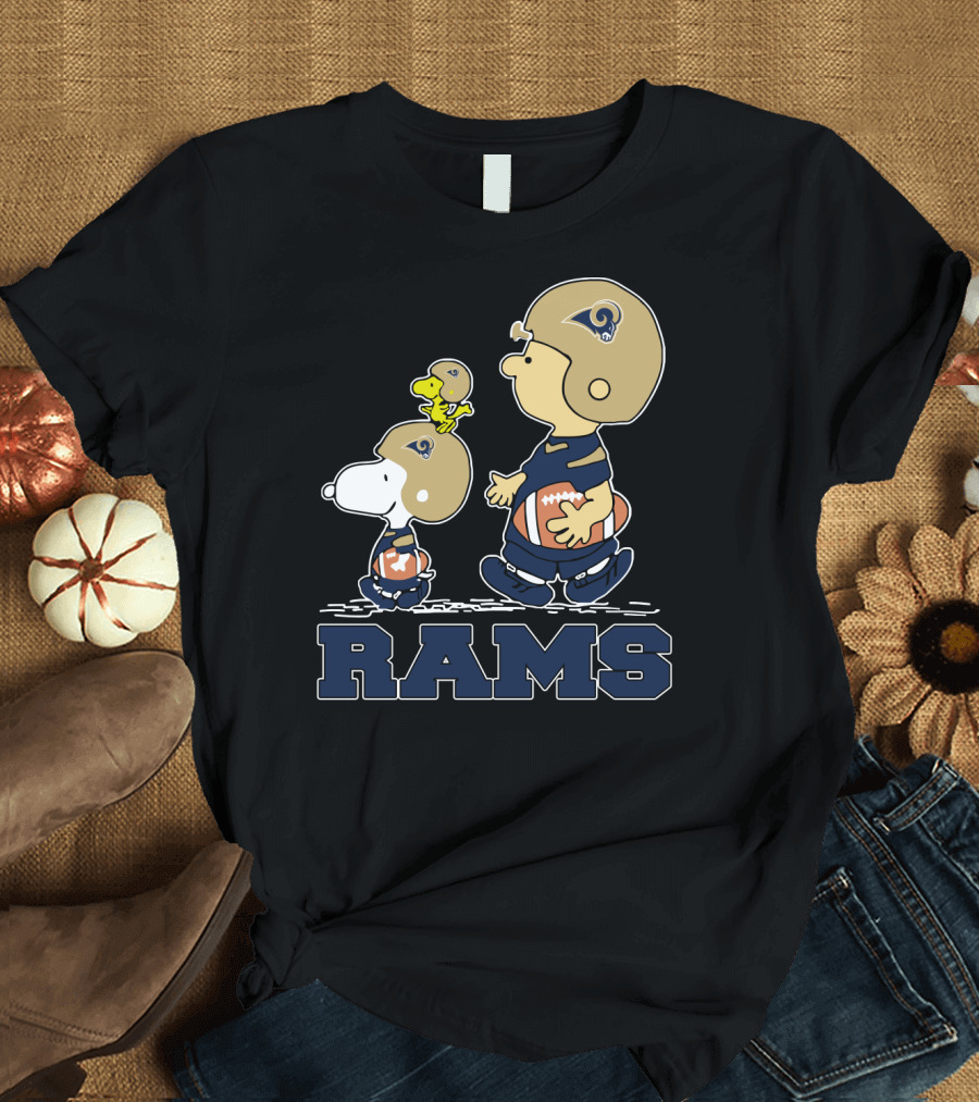 Snoopy And Woodstock With Los Angeles Rams Helmets And Football T-Shirt